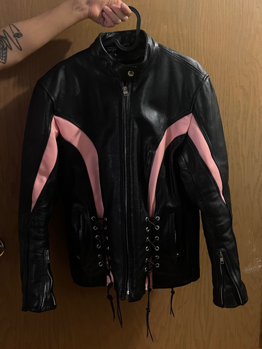 IOK Leather Women's Pink and Black Motorcycle Jacket